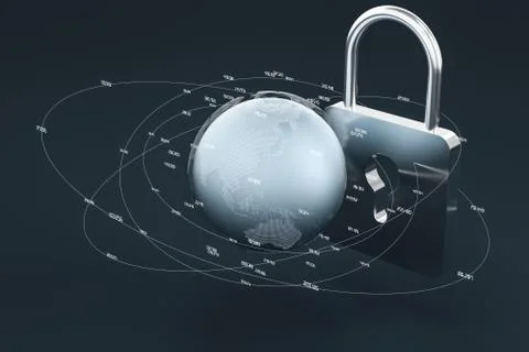 3d rendering, metal lock with digital concept background Illustrazione stock