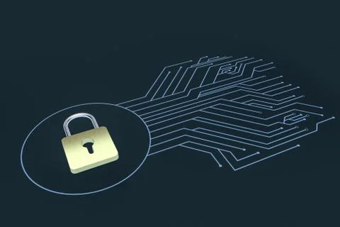3d rendering, metal lock with digital concept background Stock Illustration