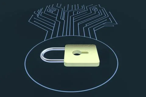 3d rendering, metal lock with digital concept background Illustrazione stock