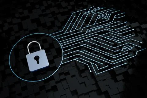 3d rendering, metal lock with digital concept background Illustrazione stock