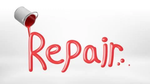 3d rendering of a metal overturned bucket with red paint leaks and whites a Stock-Illustration