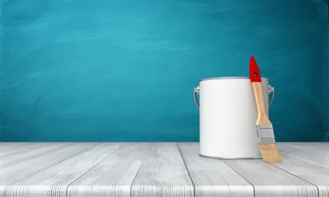 3d rendering of a metal paint can on a wooden desk with a new clean brush Stock Illustration
