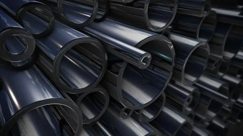 3d rendering of Metal pipes stack with reflection Stock Illustration