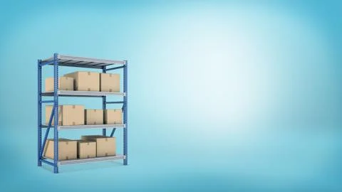 3d rendering of a metal storage rack with three shelves full of closed carton Stock Illustration