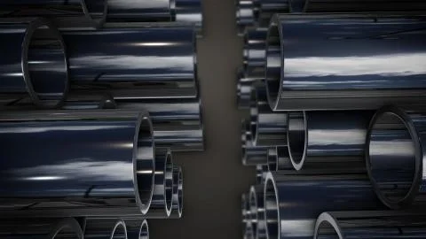 3d rendering of Metal tubes stack with reflection Illustrazione stock