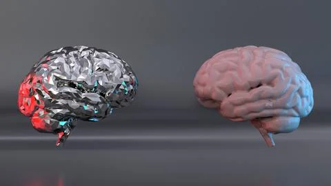 3d rendering of a metallic geometric brain contrasted with a smooth human b.. イラスト素材