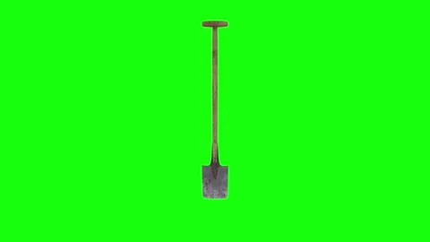 3D rendering of a metallic shovel on a vibrant green background Stock Footage 303594934