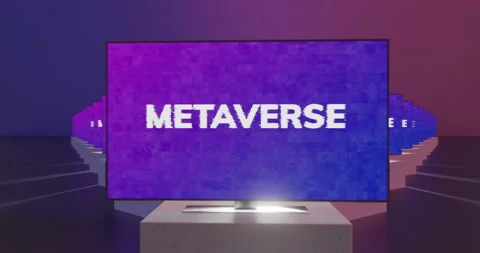 3D rendering of Metaverse concept message on TV screens showing text sign Stock Footage 165208101