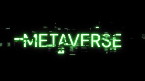 3D rendering metaverse text with screen effects of technological glitches Stock Photos