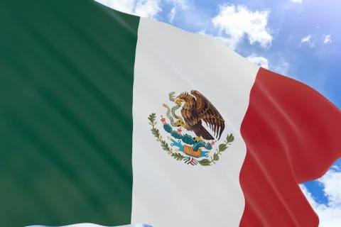 3D rendering of Mexico flag waving on blue sky background Stock Photos