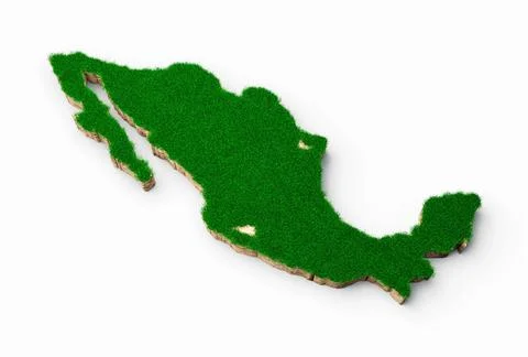 3D rendering of Mexico map soil land geology cross section with green grass Stock Illustration