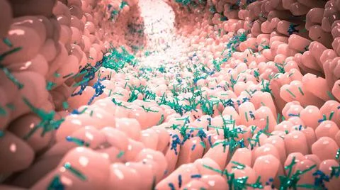 3D Rendering of Microbiome in Human Gut Stock Illustration