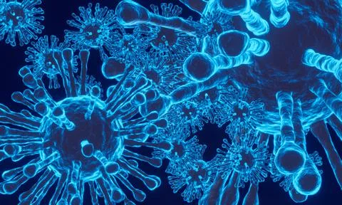 3D rendering Microscope cells Coronavirus 2019 closes up, looking at the micr Stock Illustration