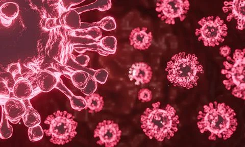 3D rendering Microscope cells Coronavirus 2019 closes up, looking at the micr Stock Illustration