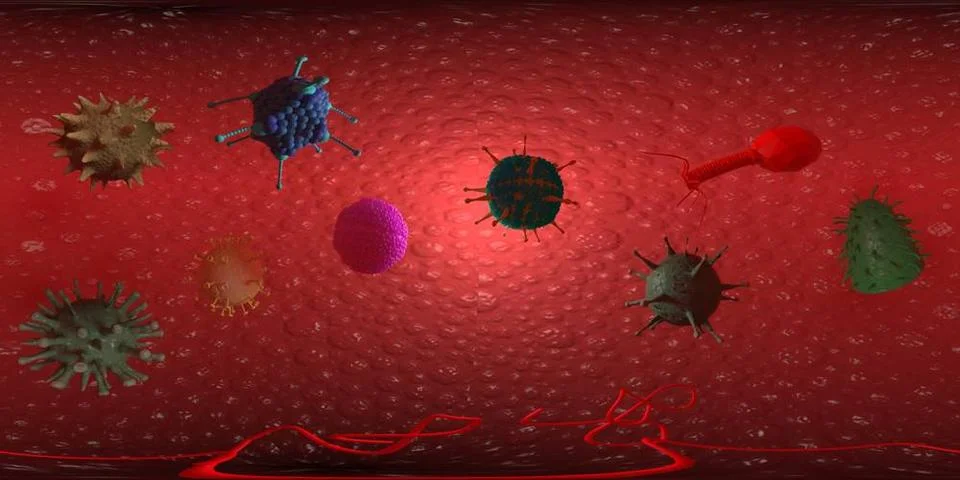 3d rendering Microscope virus- bacteria close up. Equirectangular 360 VR i... Stockfoto's