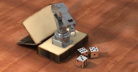 3D rendering of milling vise on old book and three dices on wooden background Stock Illustration