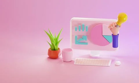 3d rendering of minimal computer on display for mockup and Plant on Pink pa.. Stock Illustration