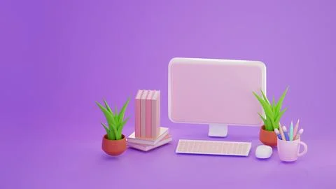 3d rendering of minimal computer on display for mockup and Plant on Purple .. Illustrazione stock