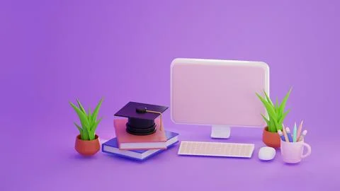 3d rendering of minimal computer on display for mockup and Plant on Purple .. Stock Illustration
