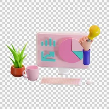 3d rendering of minimal computer on display for mockup and Plant on Pink pa.. Illustrazione stock