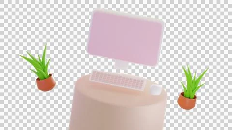 3d rendering of minimal computer on display for mockup and Plant on Purple .. 스톡 일러스트