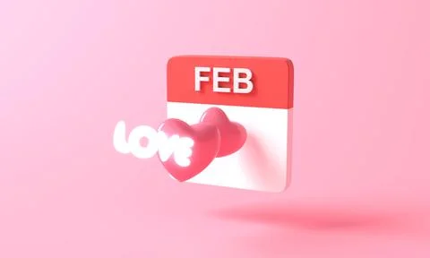 3d rendering of minimal pink heart and love light neon on calendar icon Illustrazione stock