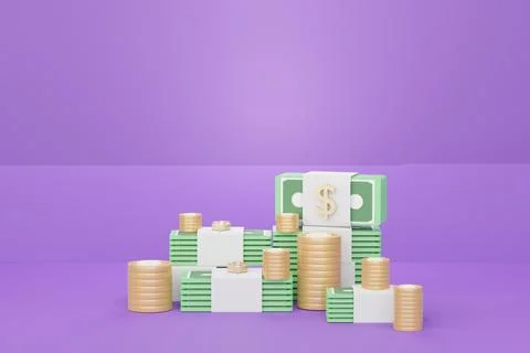 3d rendering Minimal stack bundle of money, cash and coins with financial s.. Stock Illustration