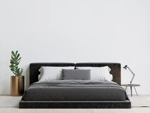 3D rendering minimal style bedroom with wooden floor ,white wall,big window,c Stock Photos