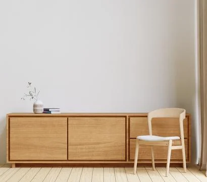 3D rendering minimal style living room with wooden floor ,white wall,wooden c Stock Illustration