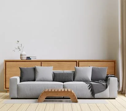 3D rendering minimal style living room with wooden floor ,white wall,big grey Stock Illustration