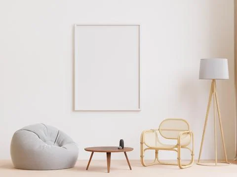 3D rendering minimal style living room with wooden floor ,white wall,big bean Stock Photos