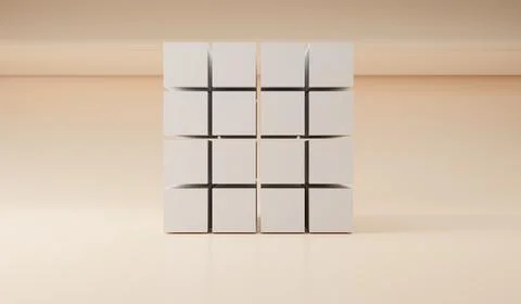 3D rendering of minimalist white geometric cubes arranged in a grid block Ilustração Stock