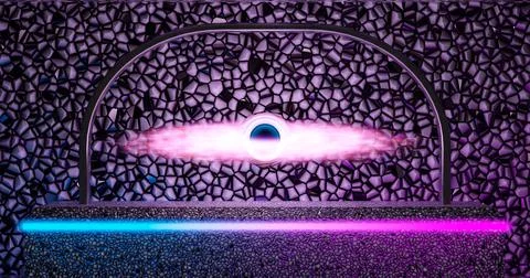 3d rendering. A minimalistic black hole located on a stone podium in a metal Stock Illustration
