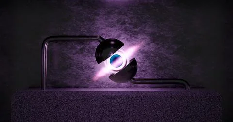 3d rendering. A minimalistic black hole located on a stone podium in a metal Stock Illustration