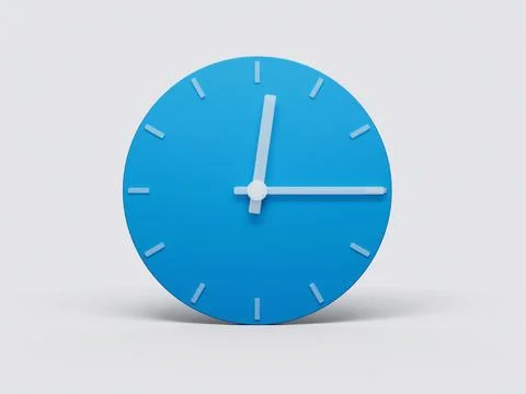 3d rendering of a minimalistic blue wall clock showing 11:15 o'clock, on a gray Illustrazione stock