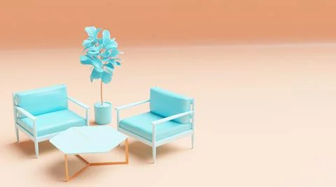 3D rendering of a minimalistic room with armchairs and an abstract tree Stock Illustration