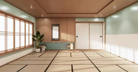3D rendering. Mint  Japanese style room interior design orinal.. Ilustración de archivo