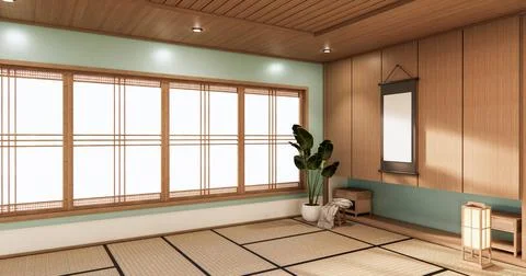3D rendering. Mint  Japanese style room interior design orinal.. Ilustración de archivo