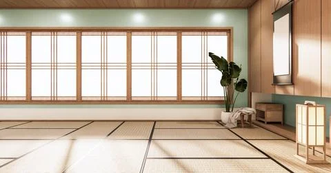 3D rendering. Mint  Japanese style room interior design orinal.. Ilustración de archivo