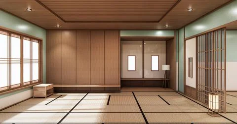 3D rendering. Mint  Japanese style room interior design orinal.. Ilustración de archivo