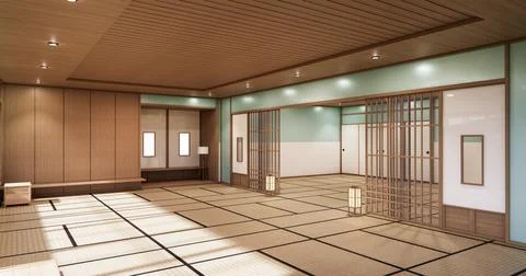 3D rendering. Mint  Japanese style room interior design orinal.. Ilustración de archivo