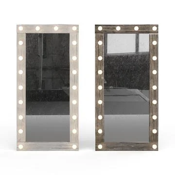 3D rendering of mirrors with wooden frames and lightbulbs isolated on a white ba Stock Illustration