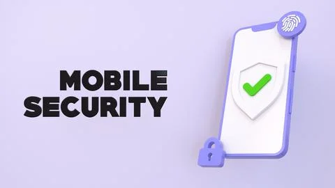 3D rendering. Mobile cyber security concept. Purple phone with protective shi Stock Illustration