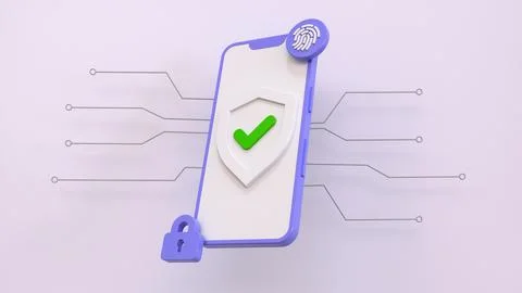 3D rendering. Mobile cyber security concept. Purple phone with protective shi Stock Illustration