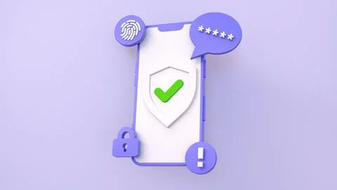 3D rendering. Mobile cyber security concept. Purple phone with protective shi Stock Illustration