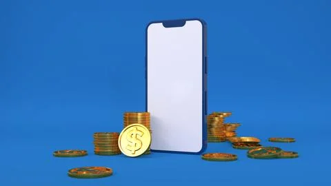 3D rendering of a mobile phone on a blue background surrounded by golden doll Stock Illustration