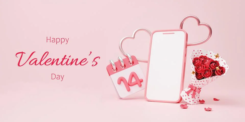 3D rendering mobile phone mockup with hearts for Valentines day background Stock Illustration
