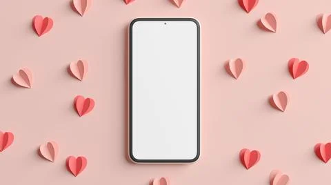 3D rendering mobile phone mockup with hearts for Valentines day background de 스톡 사진