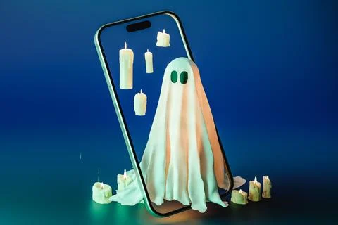 3d rendering of mockup smartphone ghost costume and glowing candle placed Stock Illustration