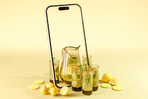 3d rendering of mockup smartphone with glasses of refreshing citrus juice and Stock Illustration